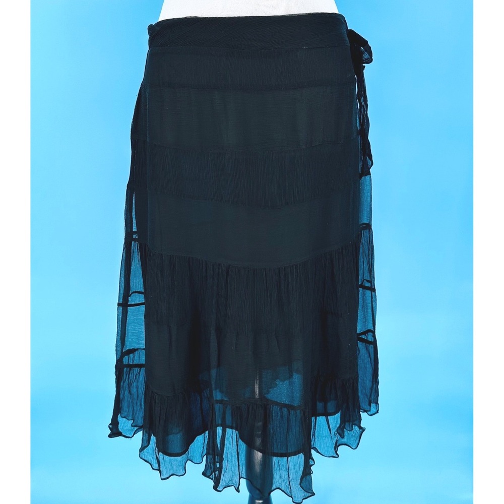 New York City Design Co Black 100% Silk Tiered Ruffle Midi Skirt Womens Size 6